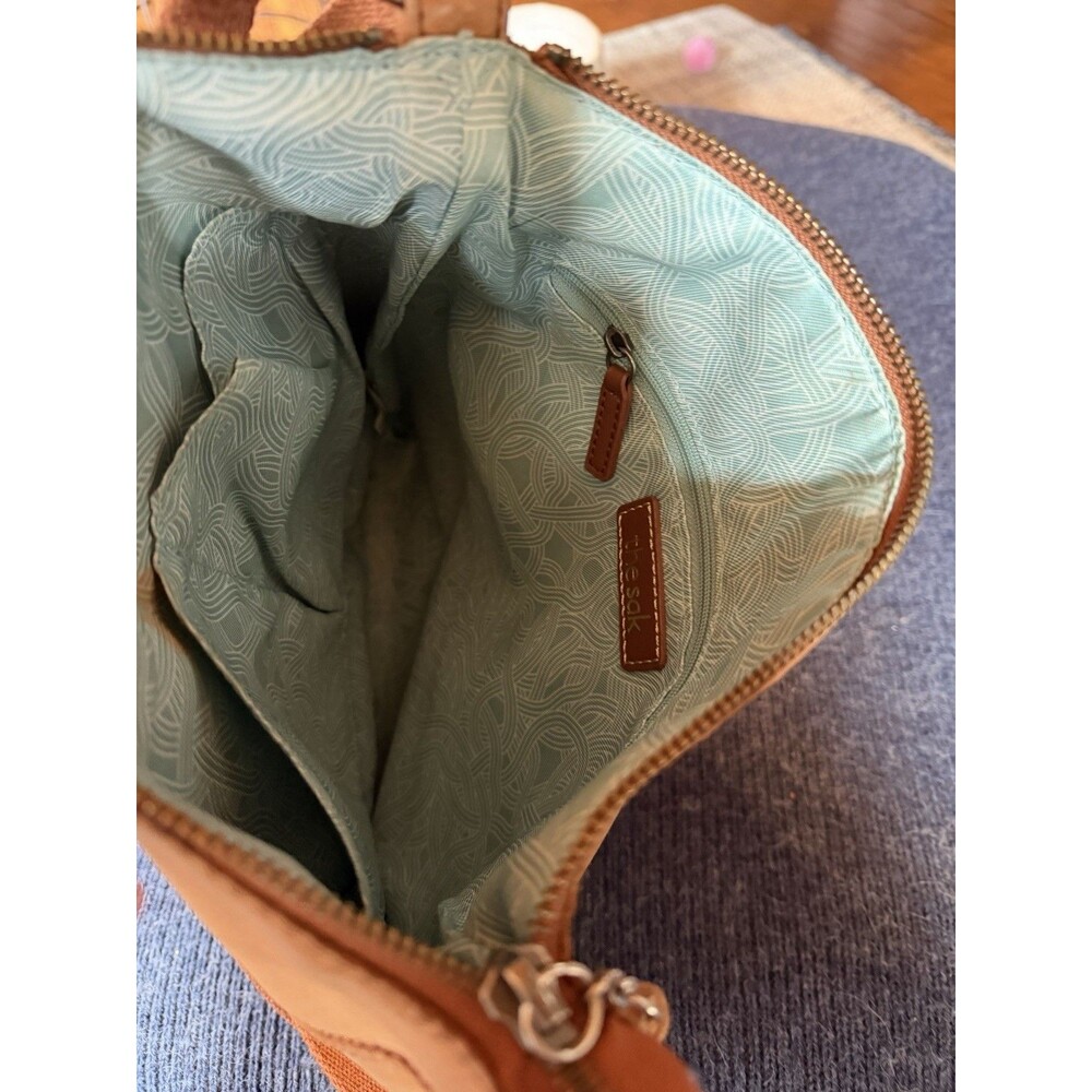 The Sak Iris Tan Brown Leather Tooled Embossed Adjustable Crossbody Shoulder Bag - Picture 11 of 13